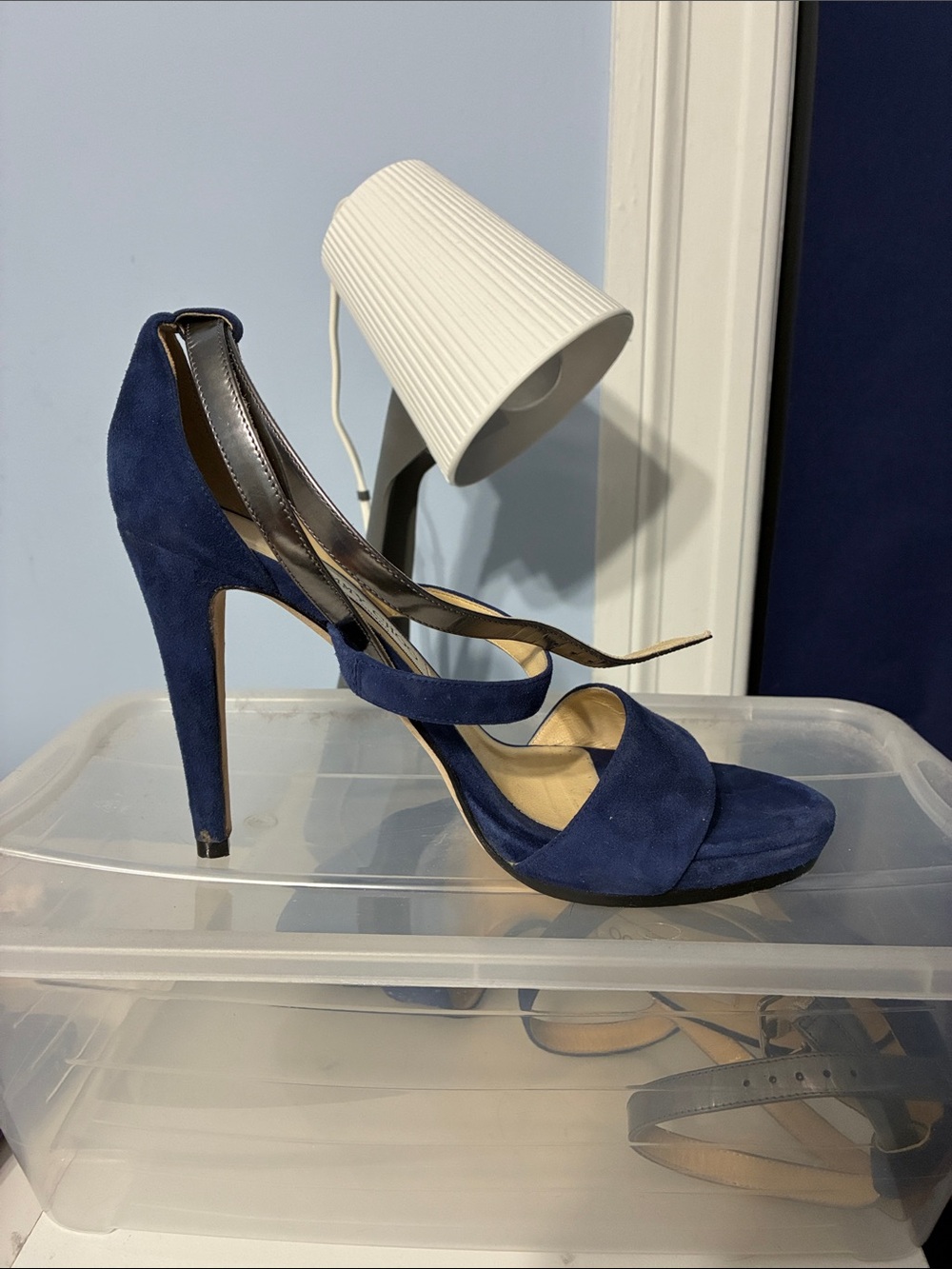 Jimmy Choo Navy Suede Open-Toe Stiletto with Ankle Strap